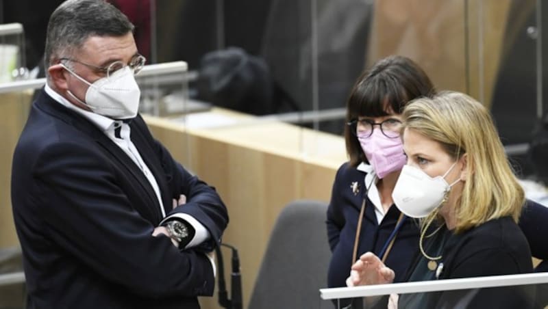 NEOS-Chefin Beate Meinl-Reisinger und SPÖ-Abgeordneter Jörg Leichtfried im Parlament mit FFP2-Maske (Bild: APA/ROBERT JAEGER)