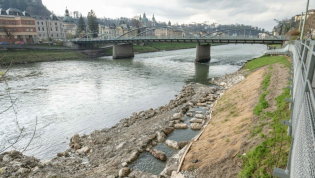 Die Mündung des Gersbach in die Salzach mit dem neuen Fischaufstieg (Bild: Stadt Salzburg/Killer)