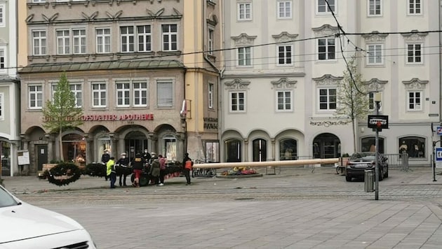 Der Linzer Maibaum wurde brauchtumsgemäß und gemäß den Corona-Vorschriften umgelegt und gestohlen (Bild: Barbara Kneidinger)