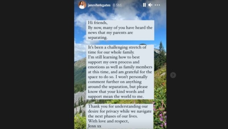 In ihrer Instagram-Story veröffentlichte Jennifer Gates ein Statement zur Trennung ihrer Eltern. (Bild: instagram.com/jenniferkgates)