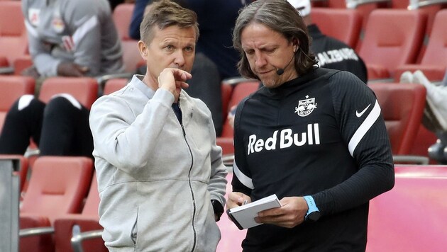 Liefering-Coach Rene Aufhauser (re.) gemeinsam mit Ex-Salzburg-Trainer Jesse Marsch. (Bild: Tröster Andreas)