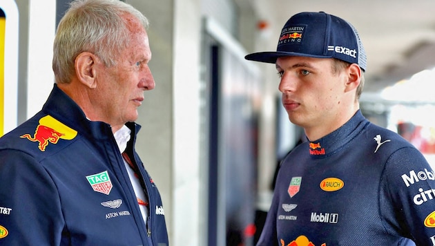 Helmut Marko (li.), Max Verstappen (Bild: APA/AFP/GETTY IMAGES/Mark Thompson)