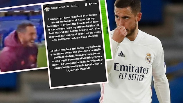 Nach dem CL-Aus von Real Madrid war Eden Hazard für manche Fans und Beobachter zu gut gelaunt. Via Insta-Story entschuldigte er sich. (Bild: AP, YouTube.com, Instagram.com/hazardeden_10)