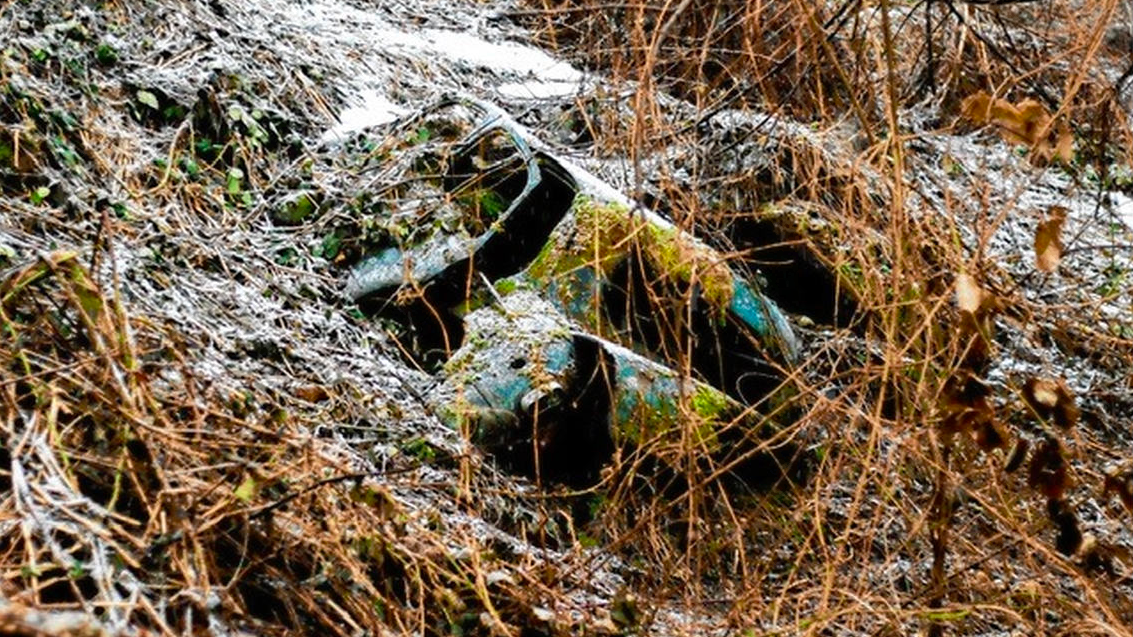 Autowracks, Werkstattmüll und Ölfässer liegen auf dem Gelände der ehemaligen Deponie. (Bild: Gerhard Melcher)