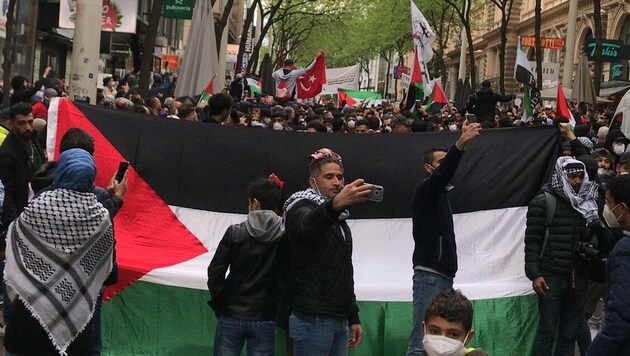 Bei einer Anti-Israel-Demo auf der Mariahilfer Straße im Mai waren auch antisemitische Parolen der Demonstranten zu hören. (Bild: Screenshot: twitter.com)