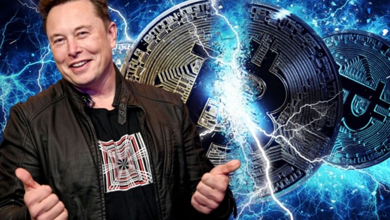 Weil Elon Musks Autokonzern Tesla wegen Umweltbedenken keine Bitcoins mehr akzeptiert, brach der Kurs am Donnerstag stark ein. (Bild: APA/AFP/POOL/Britta Pedersen, stock.adobe.com, Krone KREATIV)