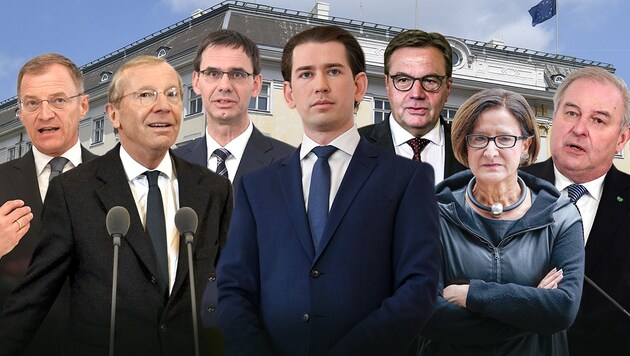 Die sechs ÖVP-Landeshauptleute haben sich in einem gemeinsamen Statement klar hinter ihren Parteichef Sebastian Kurz gestellt. (Bild: APA, Krone KREATIV)