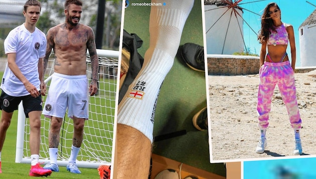 Romeo Beckhams neue Socken (li.) sowie mit Papa David. Topmodel Izabel Goulart (re.) posiert mit den personalisierten Socken von Tapedesign am Strand von Mykonos. (Bild: Instagram, zVg)