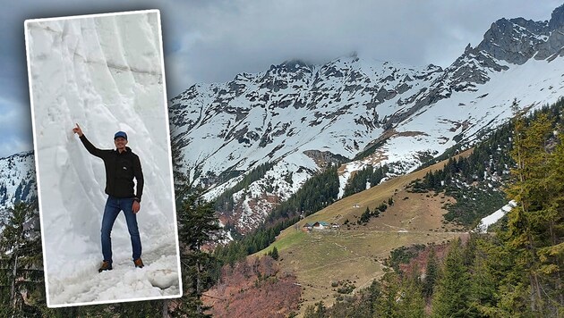 Anzengruber vor der riesigen Schneewand am Weg zur Höttinger Alm. (Bild: Rauth, Anzengruber)
