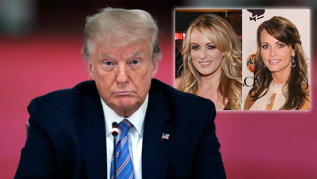 Die Ermittlungen gegen Trump wurden ausgedehnt. Rechts: Pornostar Stormy Daniels und Model Karen McDougal (Bild: APA/AFP; AP; ETHAN MILLER, DIMITRIOS KAMBOURIS / GETTY IMAGES NORTH AMERICA / AFP Krone,Kreativ)