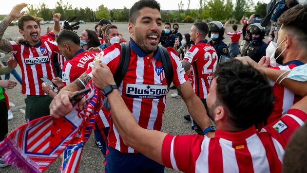 Luis Suarez zum Anfassen: Der Superstar feiert mit den Atletico-Fans (Bild: AP)
