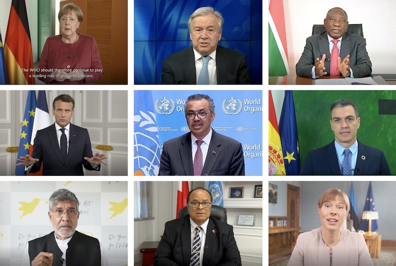 Mehrere Staats- und Regierungschefs besprachen sich mit UNO-Generalsekretär Antonio Guterres und dem WHO-Chef. (Bild: APA/AFP/World Health Organization)