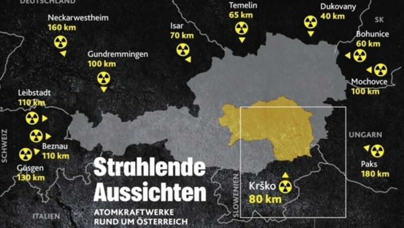 Atomkraftwerke rund um Österreich (Bild: Adobe Stock, Krone Kreativ)