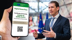 Kurz zeigte sich in Brüssel erfreut über die EU-Einigung beim digitalen Grünen Pass. (Bild: APA/BKA/ARNO MELICHAREK; stock.adobe.com, Krone KREATIV)