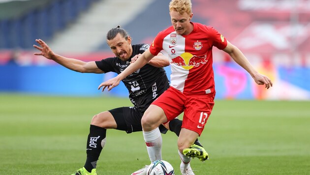 Steht angeblich bei Leverkusen hoch im Kurs: Salzburgs Nicolas Seiwald (r.). (Bild: GEPA pictures)