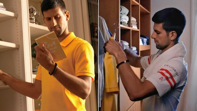 Novak Djokovic ist im Raiffeisen International Spot zu sehen und sucht sich dabei nicht nur ein schönes Poloshirt aus. (Bild: Raiffeisen)