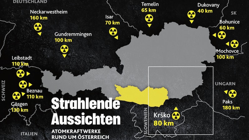 Atomkraftwerke rund um Österreich. (Bild: KroneKREATIV)