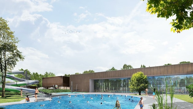Das neue Konzept sieht in Amstetten nun nicht nur ein neues Hallenbad vor, sondern auch zwei Becken im Freien – inklusive Rutsche. (Bild: Gobli architects & engineers)