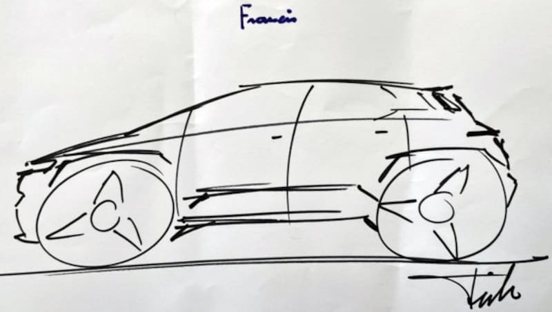 Eine Skizze des Fisker Ocean, signiert von Papst Franziskus (Bild: Fisker)