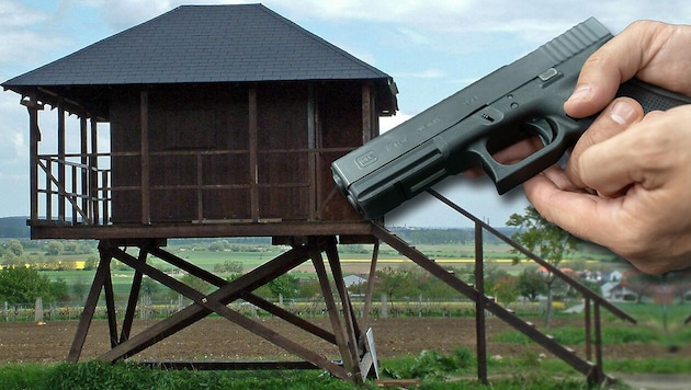 Auf einem Hochstand im Burgenland - ähnlich diesem - kam es zu dem Schießunfall mit der Pistole vom Typ P80. (Bild: APA/Bundesheer, stock.adobe.com. Krone KREATIV)