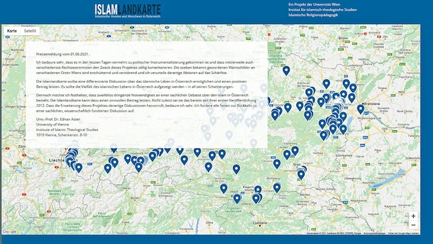 Der Online-Zugang zur umstrittenen Islam-Landkarte soll künftig nur noch über Registrierung möglich sein. (Bild: Screenshot/islam-landkarte.at)