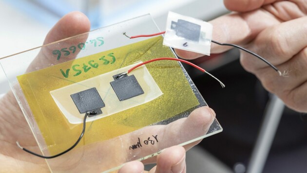 Die biologisch abbaubare Batterie besteht aus vier Schichten, die alle nacheinander aus einem 3D-Drucker fließen. Das Ganze wird dann wie ein Sandwich zusammengefaltet, mit dem Elektrolyten in der Mitte. (Bild: Empa Zürich/Gian Vaitl)