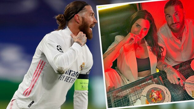 Sergio Ramos - links im Dress von Real Madrid (das er womöglich bald ausziehen muss?), rechts mit seiner Frau Pilar Rubio (Bild: AP, Instagram.com/sergioramos)