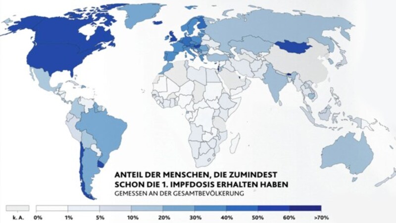 Während Industrieländer mit der Impfung gut vorankommen, sieht es in ärmeren Ländern anders aus. Viele Entwicklungsländer haben noch gar keine Impfstoffe erhalten. (Bild: Krone KREATIV)