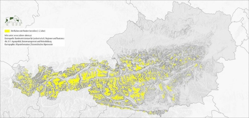 Almflächen mit Rindern (gelb gekennzeichnet) (Bild: sichere-almen.at)