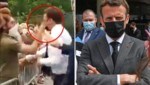 Der französische Präsident Emmanuel Macron besuchte am Dienstag eine Hotelfachschule in Tain-l‘Hermitage, dort kassierte er eine Watsche. (Bild: Social Media, AFP, Krone KREATIV)
