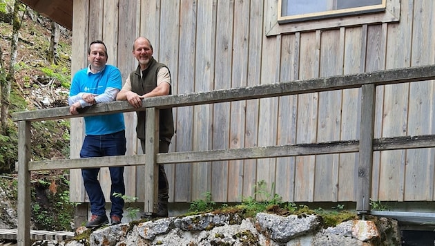 „Mein Alpenstrom“-Chef Philipp Rehulka (li.) mit Heribert Faschingleithner, dem E-Werkbeauftragten der Forstverwaltung Neuhaus an der Ois. Von dort fließt naturreiner Ökostrom an 300 Haushalte. Die Wildnis ein Wald für die Ewigkeit. (Bild: MeinAlpenStrom)