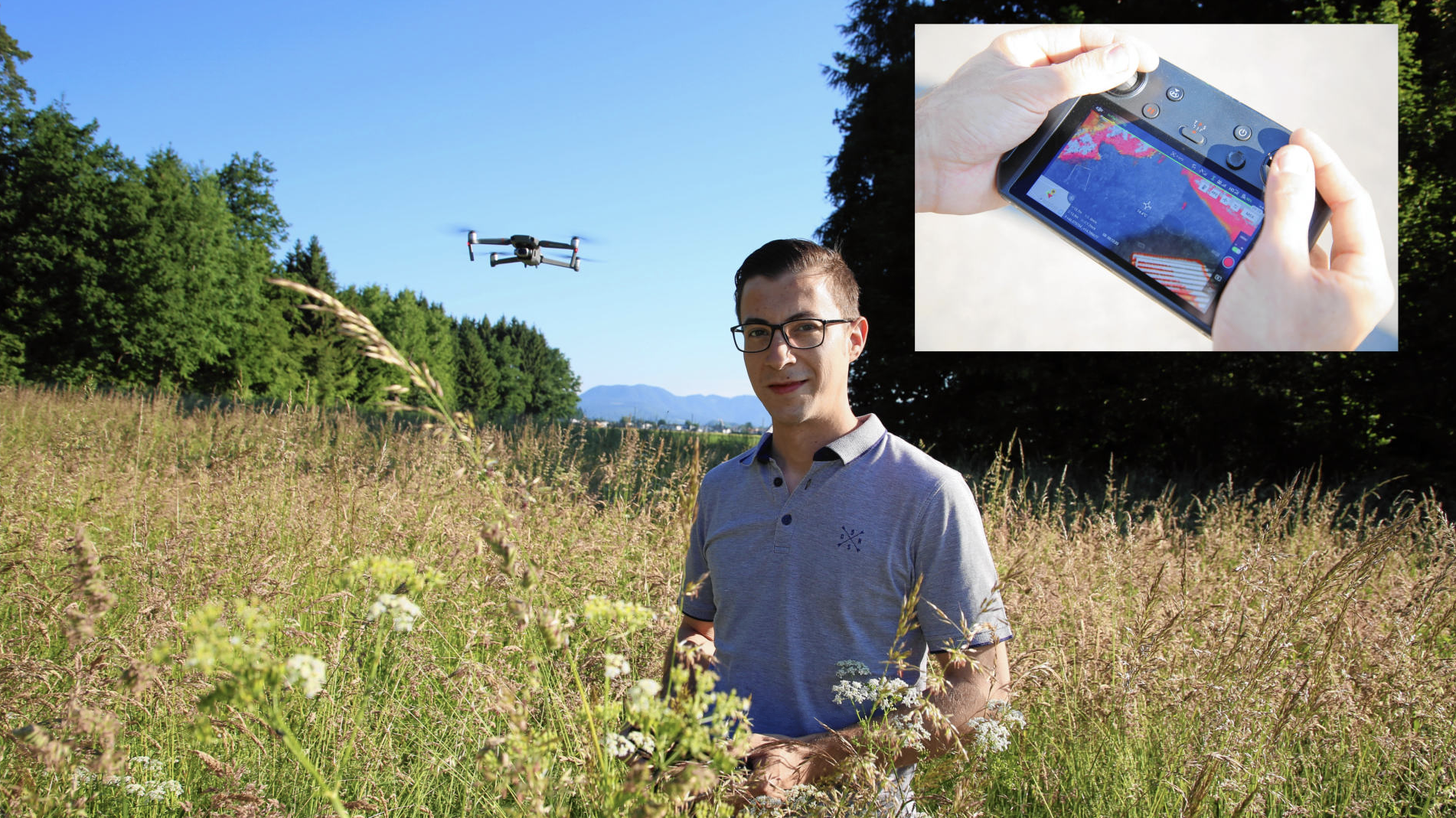 Benjamin Jöres spürt mit seiner Drohne Rehkitze auf, die sich im hohen Gras verstecken. (Bild: Evelyn HronekKamerawerk)