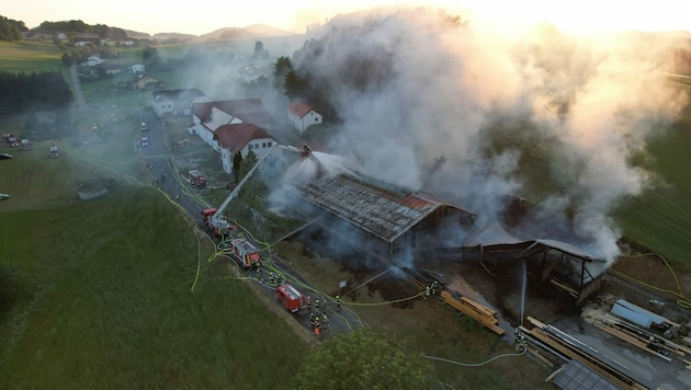Großangriff der Feuerwehren auf den Brand der Lagerhalle in Waldburg (Bild: Werner Kerschbaummayr)
