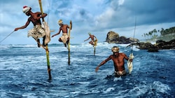 Fischer in Weligama in Sri Lanka werfen auf traditionelle Weise ihre Leinen aus (entstanden 1995). (Bild: galeriejungwirth.com/Steve McCurry)