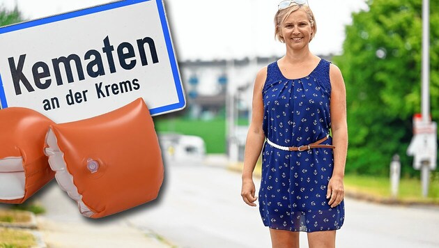 Barbara Baumgartner auf der Straße in Kematen an der Krems (Oberösterreich), auf der die zweijährige Ausreißerin mit Schwimmflügerln entlangspaziert war (Bild: Alexander Schwarz, stock.adobe.com, Krone KREATIV)