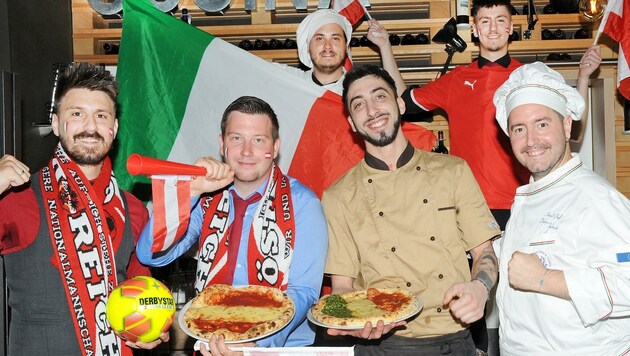 Rot-Weiß-Rot oder Grün-Weiß-Rot? Bei der Pizza lassen die Mitarbeiter im La Dolce Vita den Kunden selbst die Wahl. Die Herzen der Belegschaft schlagen aber für die Squadra Azzurra. (Bild: Crepaz Franz)