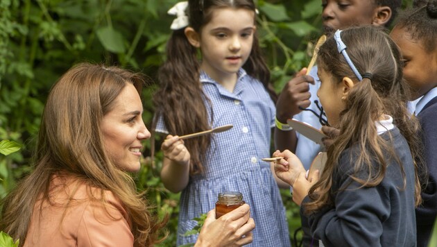 Herzogin Kate hat Kindern, die an einem Naturprojekt im Naturkundemuseum teilnehmen, ein Gläschen Honig aus ihrer eigenen Produktion zum Kosten mitgebracht. (Bild: ROTA / Camera Press / picturedesk.com)