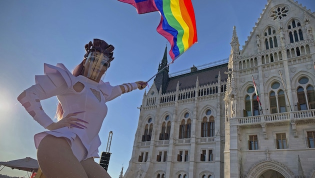 Eine Drag-Queen demonstriert vor dem Parlamentsgebäude in Budapest für LGBT-Rechte. (Bild: AP)