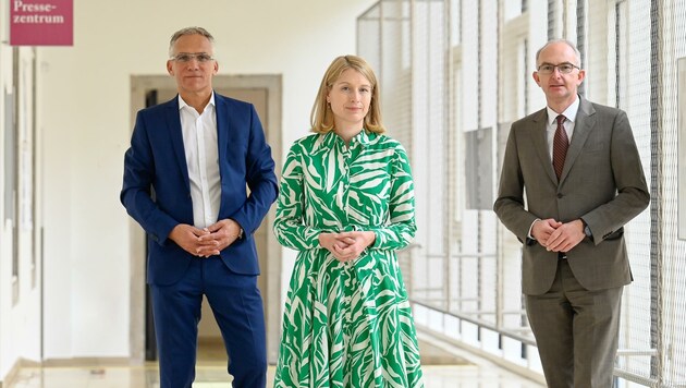 Gerhard Durstberger, Christine Haberlander und Bernd Lamprecht (v. l.) präsentierten die neuen Kampagnen. (Bild: Alexander Schwarzl)