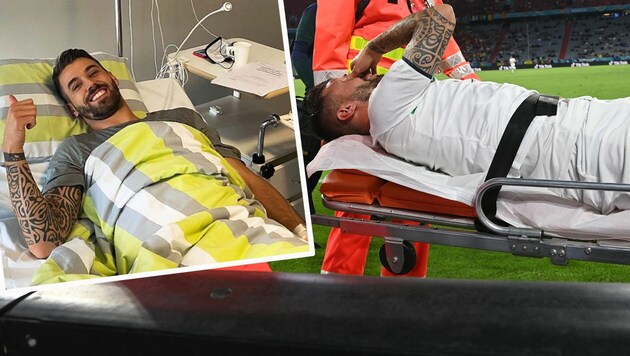 Leonardo Spinazzola unmittelbar nach der erlittenen Verletzung (rechts) und nach der Operation im Spital (Bild: APA/AFP/POOL/CHRISTOF STACHE, Instagram.com/spina_leo)