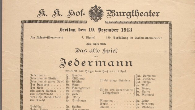 „Jedermann“-Theaterzettel der Burgtheater-Aufführung im Jahr 1913. (Bild: Benevento Verlag)