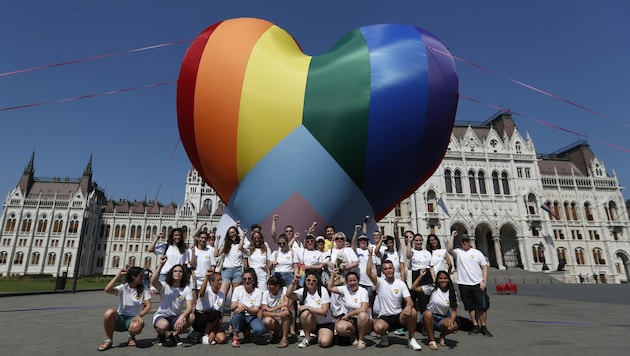 Aktivisten demonstrieren vor dem Parlament in Budapest gegen die Einschränkung von Homosexuellen-Rechten. (Bild: AP)