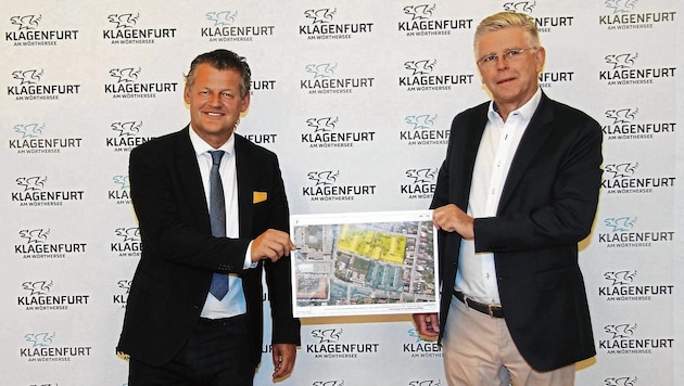Bürgermeister Christian Scheider und Vizebürgermeister Alois Dolinar freuen sich über eine Sanierungsoffensive bei Gemeindewohnungen und neuen Wohnraum in Klagenfurt. (Bild: StadtKommunikation/Spatzek)