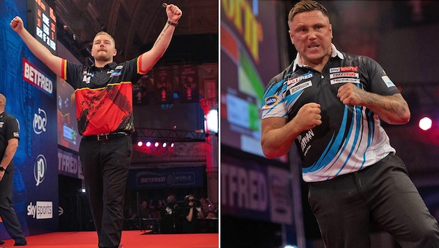 Dimitri Van den Bergh (li.), Gerwyn Price (Bild: Lawrence Lustig/PDC)