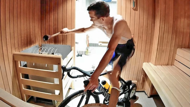 Aufguss - Radfahrer Gregor Mühlberger trainierte in der Sauna. (Bild: Krone)