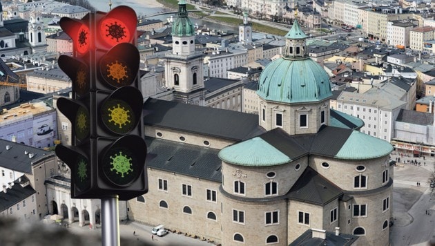 Corona-Ampel leuchtet für ganz Salzburg rot (Bild: APA/BARBARA GINDL, stock.adobe.com, Krone KREATIV)
