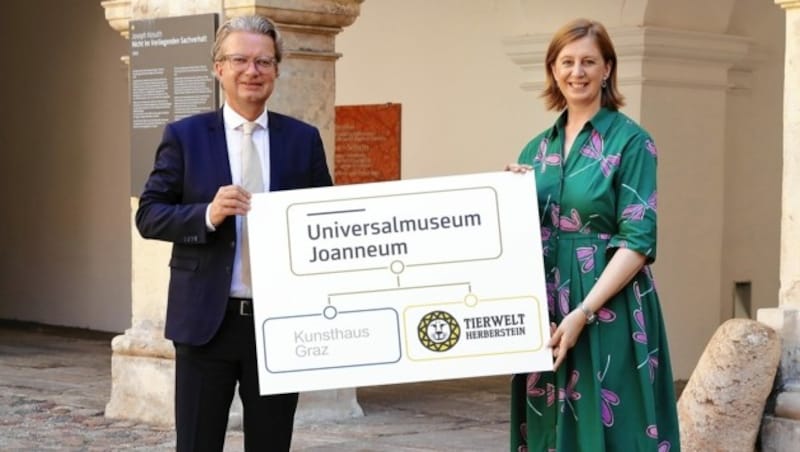 Die Landesräte Barbara Eibinger-Miedl und Christopher Drexler stellten die Tierwelt Herberstein als Tochter-GmbH des Universalmuseum Joanneum vor. (Bild: UMJ/J. J. Kucek)