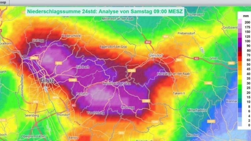 Die Zentralanstalt für Meteorologie und Geodynamik hat die Niederschlagssumme der vergangenen 24 Stunden im Großraum Graz in dieser Grafik erfasst. (Bild: ZAMG)