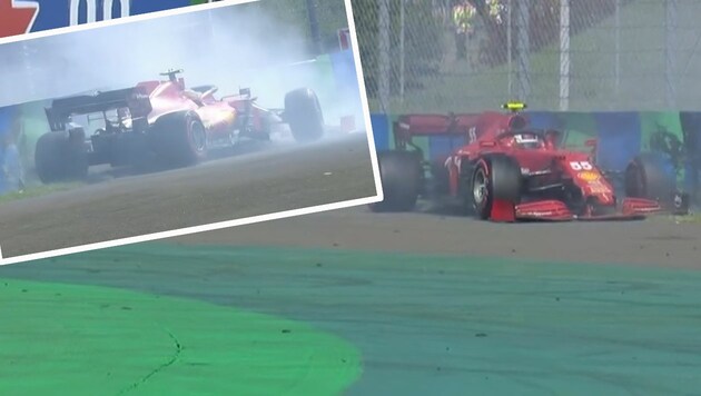 Ferrari-Pilot Carlos Sainz crashte beim Qualifying in Budapest. (Bild: Screenshot Servus TV)