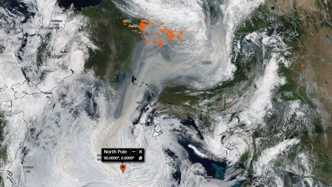 Die orangen Punkte stellen die Waldbrände in Sibirien dar. Die dunklen Rauchschwaden erreichten sogar den Nordpol. (Bild: Screenshot NASA Worldview)